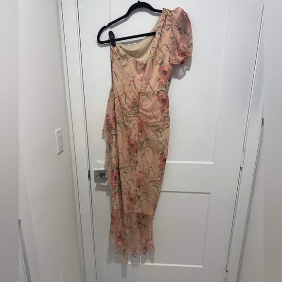 BCBGMAXAZRIA One Sleeve Asymmetrical Ruffle Hem Pink Midi Evening Dress, Size XS - Picture 6 of 7